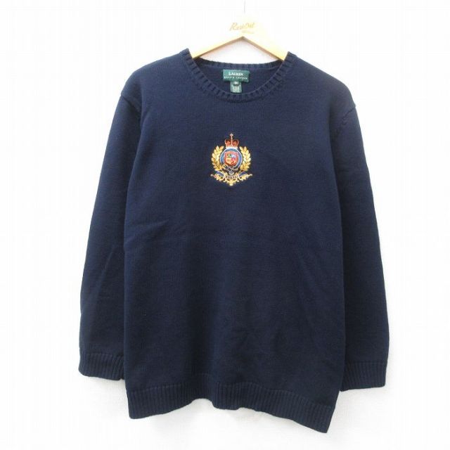 XL★古着 ラルフローレン Ralph Lauren 長袖 ブランド セーター メンズ ビッグロゴ 大きいサイズ コットン クルーネック 濃紺 ネイビー 【spe】 25feb27 中古 ニット トップス