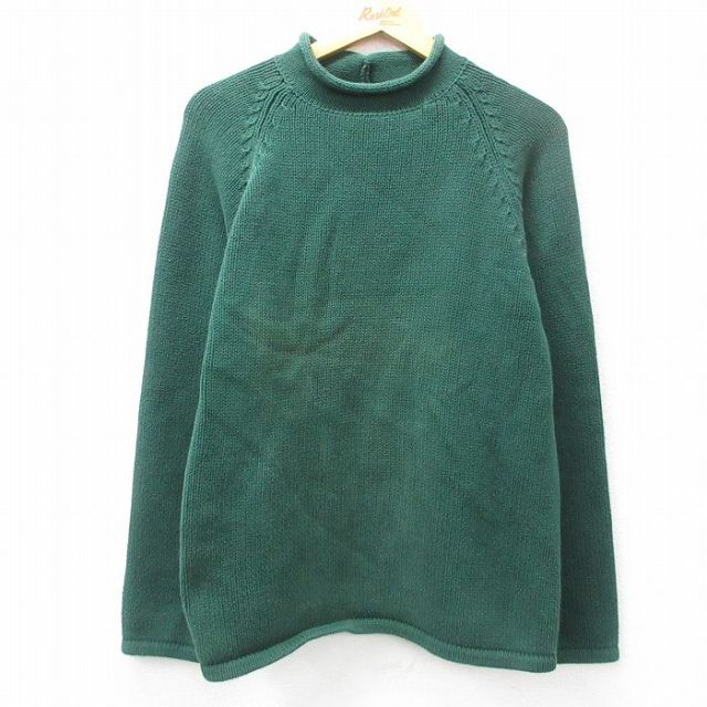 L★古着 ジェイクルー J.CREW 長袖 セーター メンズ 90年代 90s 無地 ラグラン コットン モックネック ハイネック 緑 グリーン 25feb27 中古 ニット トップス