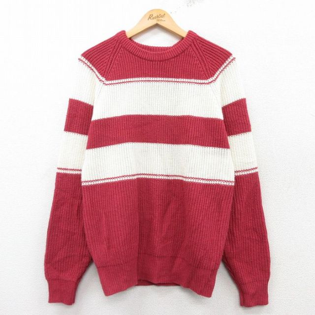 【50%OFF】L★古着 長袖 セーター メンズ 90年代 90s ラグラン クルーネック 赤他 レッド 25feb28 中古 ニット トップス