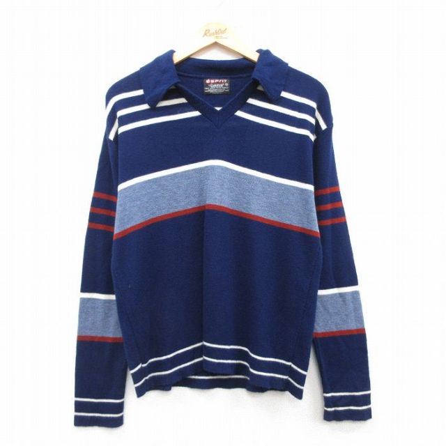【50%OFF】M★古着 キャンパス 長袖 セーター メンズ 80年代 80s 襟付き アクリル USA製 紺他 ネイビー 25feb28 中古 ニット トップス
