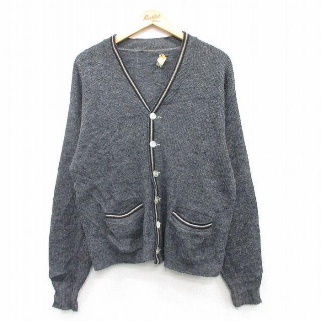 【50%OFF】M★古着 長袖 ビンテージ ニット カーディガン メンズ 70年代 70s アクリル 濃グレー 25feb28 中古 トップス