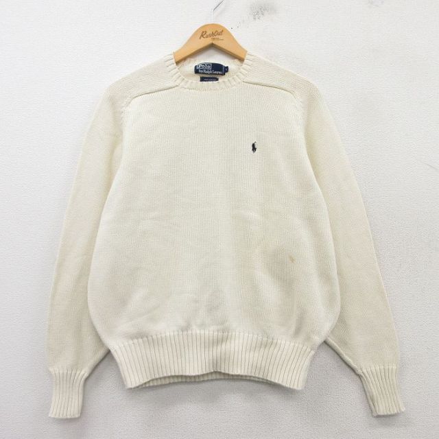 【50%OFF】L★古着 ラルフローレン Ralph Lauren 長袖 ブランド セーター メンズ 90年代 90s ワンポイントロゴ コットン クルーネック 白 ホワイト 25feb28 中古 ニット トップス