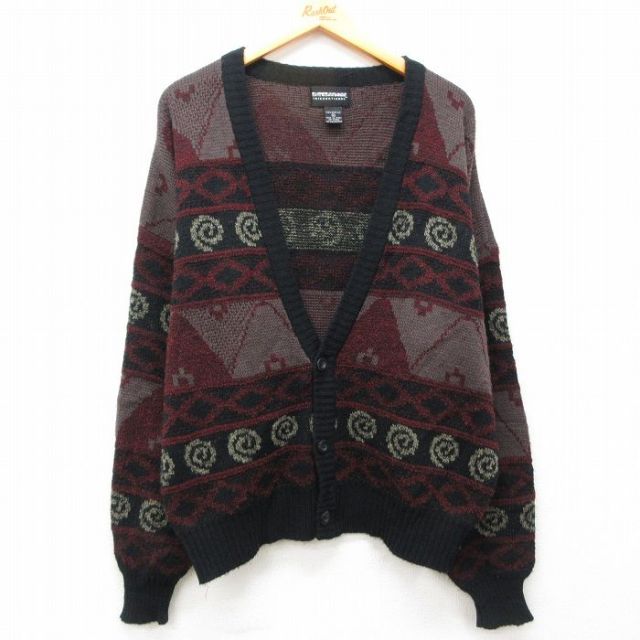XL★古着 長袖 ニット カーディガン メンズ 90年代 90s アクリル 黒他 ブラック 【spe】 25mar01 中古 トップス