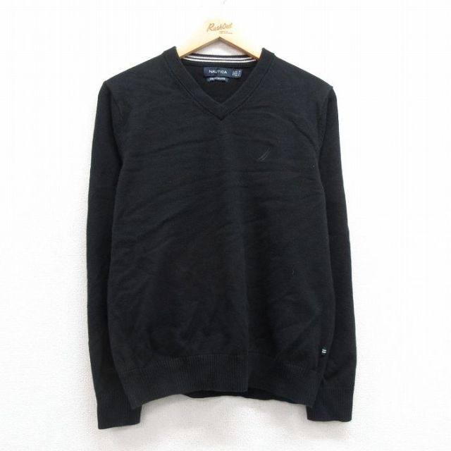 M★古着 ノーティカ NAUTICA 長袖 ブランド セーター メンズ ワンポイントロゴ Vネック 黒 ブラック 25mar01 中古 ニット トップス