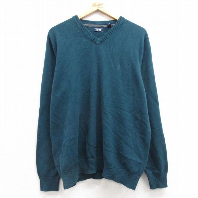 L★古着 IZOD 長袖 セーター メンズ ワンポイントロゴ Vネック 青緑 25mar01 中古 ニット トップス