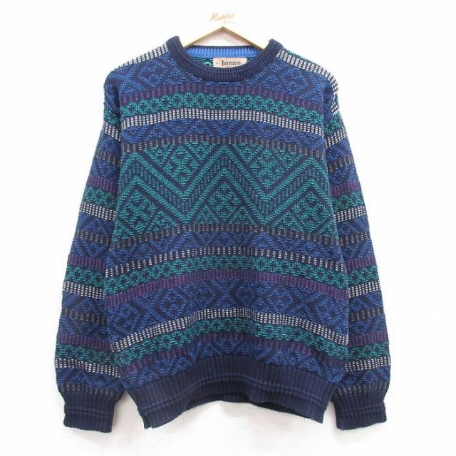 【50%OFF】M★古着 ジャンセン 長袖 セーター メンズ 90年代 90s クルーネック USA製 紺他 ネイビー 25mar01 中古 ニット トップス