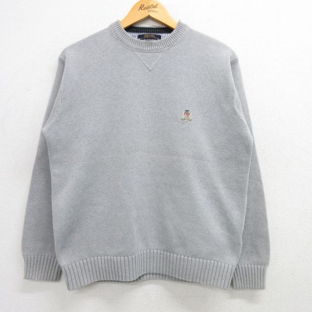 【20%OFF】L★古着 トミーヒルフィガー TOMMY HILFIGER 長袖 ブランド セーター メンズ 90年代 90s ワンポイントロゴ コットン クルーネック グレー 25mar01 中古 ニット トップス
