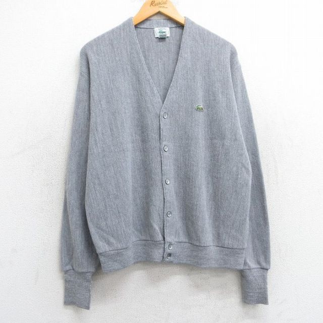 XL★古着 ラコステ LACOSTE IZOD 長袖 ブランド ニット カーディガン メンズ 90年代 90s ワンポイントロゴ アクリル USA製 グレー 25mar05 中古 トップス