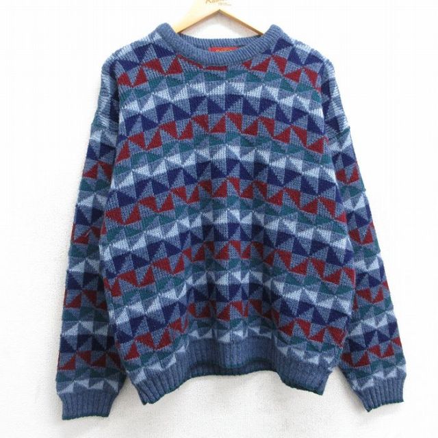 L★古着 長袖 セーター メンズ 90年代 90s アクリル クルーネック USA製 薄紺他 ネイビー 25mar05 中古 ニット トップス