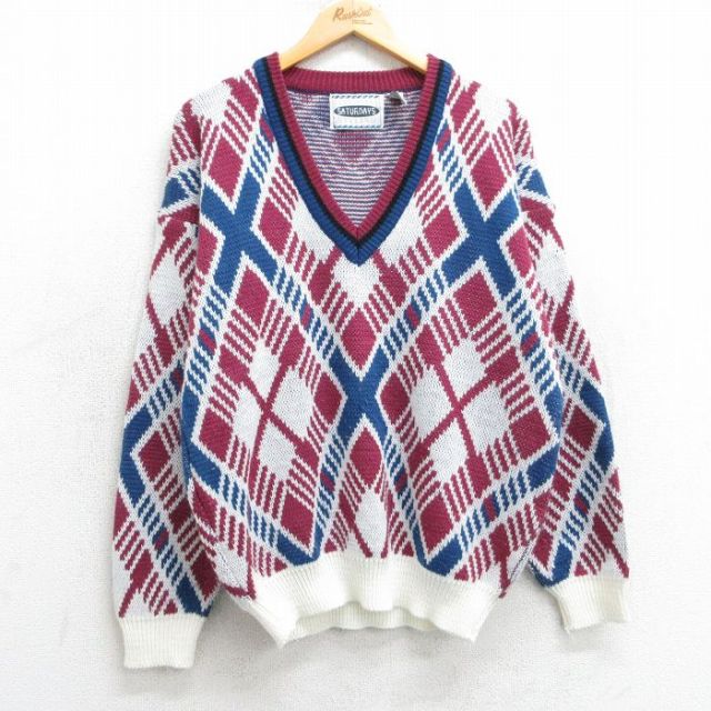 【20%OFF】M★古着 長袖 セーター メンズ 90年代 90s アクリル Vネック エンジ系他 25mar05 中古 ニット トップス