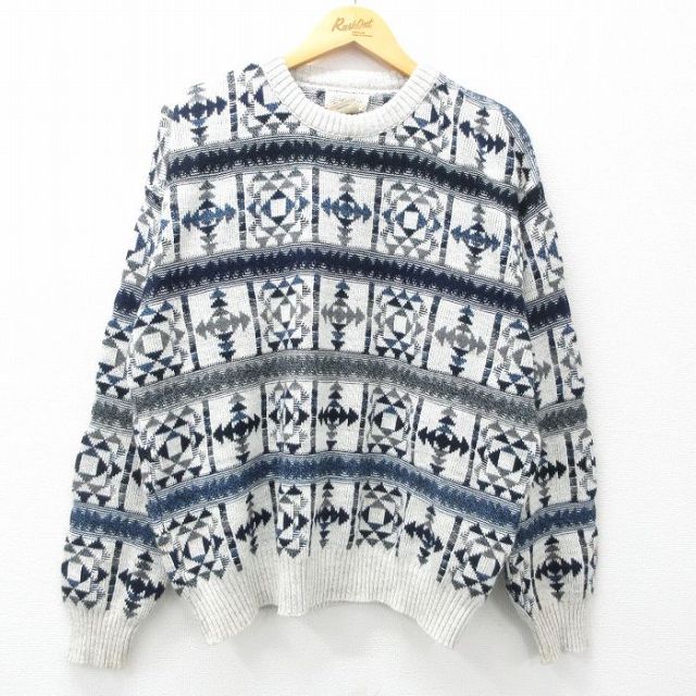 【50%OFF】L★古着 セントジョンズベイ 長袖 セーター メンズ 00年代 00s ネイティブ柄 ラグ柄 クルーネック 薄グレー他 【spe】 25mar06 中古 ニット トップス