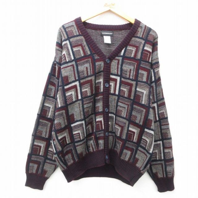 【50%OFF】L★古着 長袖 ニット カーディガン メンズ 90年代 90s アクリル エンジ他 25mar06 中古 トップス