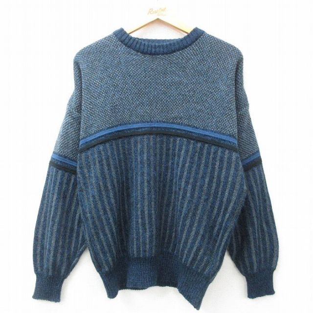【50%OFF】M★古着 長袖 セーター メンズ 00年代 00s アクリル クルーネック 紺他 ネイビー 25mar06 中古 ニット トップス