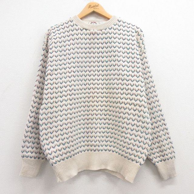 【20%OFF】L★古着 シアーズ 長袖 セーター メンズ 90年代 90s クルーネック USA製 生成り 25mar06 中古 ニット トップス