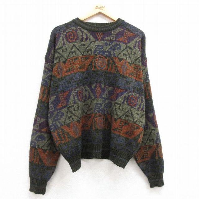 XL★古着 シアーズ 長袖 セーター メンズ 90年代 90s ネイティブ柄 ラグ柄 アクリル クルーネック 緑他 グリーン 【spe】 25mar06 中古 ニット トップス