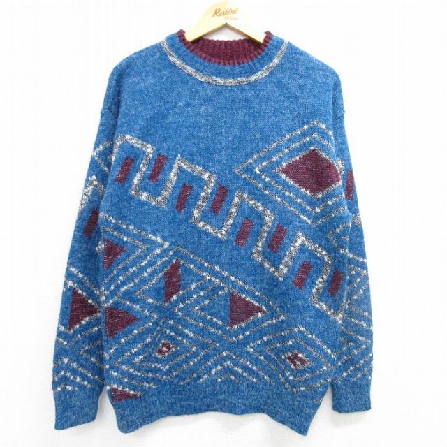 【50%OFF】M★古着 ルティグレ 長袖 セーター メンズ 80年代 80s モックネック ハイネック USA製 青他 ブルー 25mar07 中古 ニット トップス