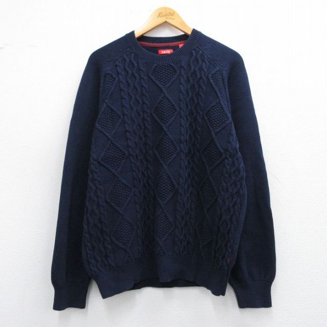 L★古着 IZOD 長袖 ケーブル セーター メンズ コットン クルーネック 紺 ネイビー 25mar07 中古 ニット トップス