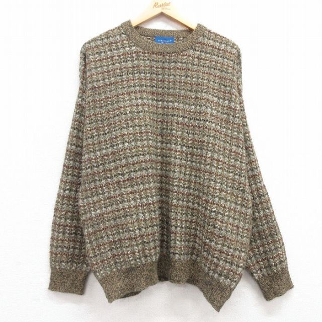 【20%OFF】XL★古着 タウンクラフト 長袖 セーター メンズ 90年代 90s クルーネック ベージュ他 カーキ 25mar08 中古 ニット トップス
