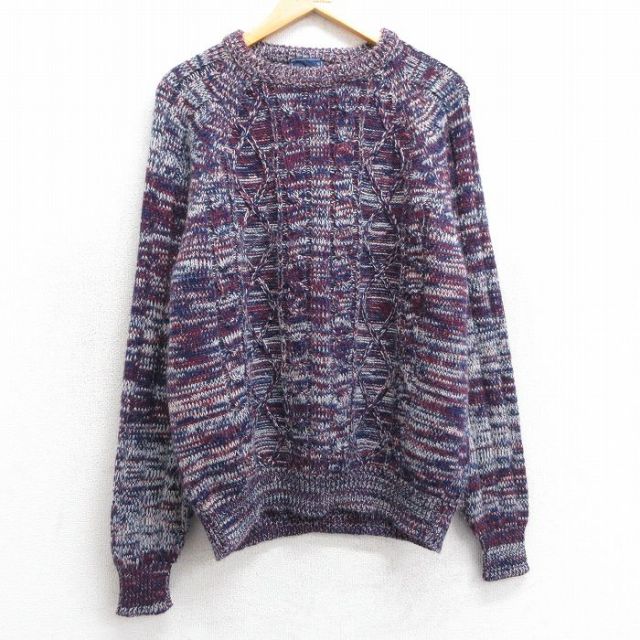 L★古着 長袖 ケーブル セーター メンズ 90年代 90s ラグラン アクリル クルーネック エンジ他 25mar10 中古 ニット トップス
