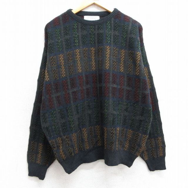 【50%OFF】L★古着 長袖 セーター メンズ 90年代 90s アクリル クルーネック 紺系他 ネイビー 25mar10 中古 ニット トップス