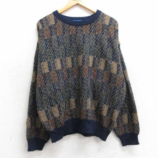 【20%OFF】XL★古着 タウンクラフト 長袖 セーター メンズ 90年代 90s アクリル クルーネック 紺他 ネイビー 25mar10 中古 ニット トップス