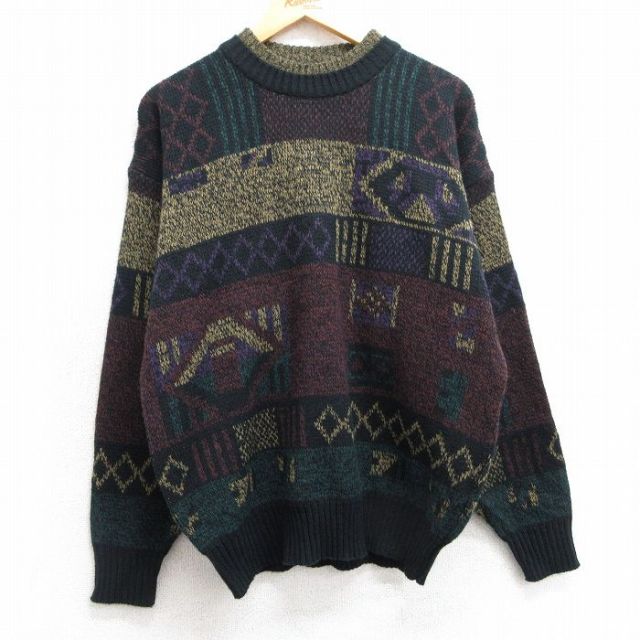 L★古着 長袖 セーター メンズ 90年代 90s アクリル クルーネック 黒他 ブラック 25mar10 中古 ニット トップス