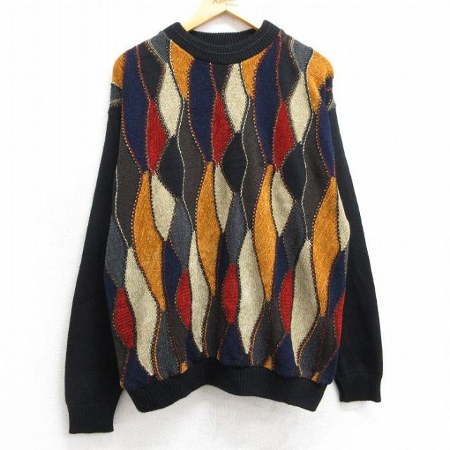 XL★古着 長袖 セーター メンズ 90年代 90s アクリル クルーネック USA製 黒他 ブラック 【spe】 25mar10 中古 ニット トップス