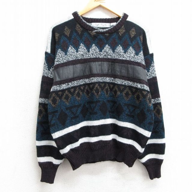 【50%OFF】M★古着 ビューグルボーイ 長袖 セーター メンズ 90年代 90s レザー使用 アクリル クルーネック 黒他 ブラック 25mar10 中古 ニット トップス