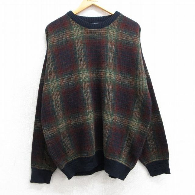 XL★古着 バンヒューセン 長袖 セーター メンズ 90年代 90s アクリル クルーネック 紺他 ネイビー チェック 25mar10 中古 ニット トップス