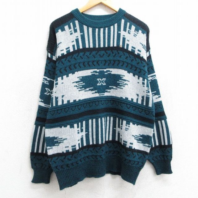 【50%OFF】L★古着 長袖 セーター メンズ 90年代 90s ネイティブ柄 ラグ柄 アクリル クルーネック 緑他 グリーン 25mar10 中古 ニット トップス
