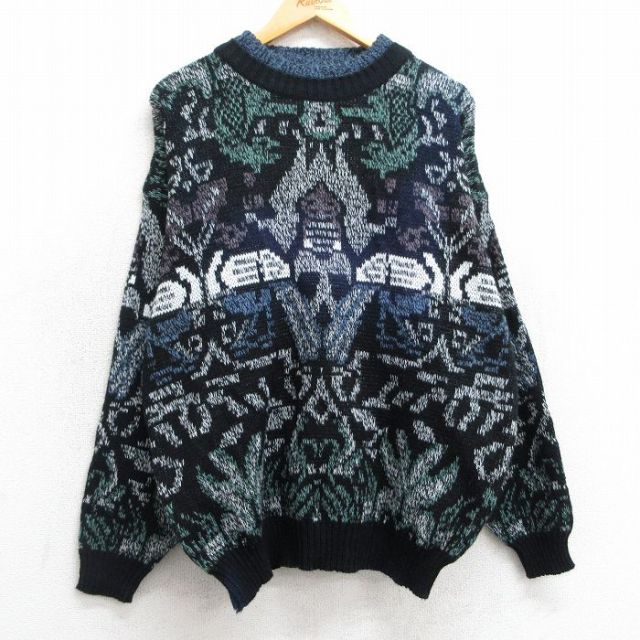 【50%OFF】XL★古着 長袖 セーター メンズ 90年代 90s アクリル クルーネック 黒他 ブラック 25mar10 中古 ニット トップス