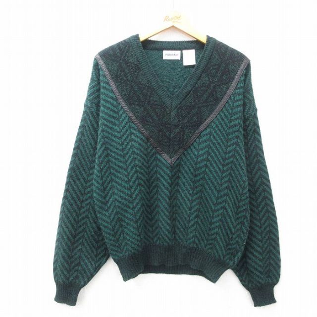【50%OFF】L★古着 ピューリタン 長袖 セーター メンズ 00年代 00s アクリル Vネック 緑他 グリーン 25mar11 中古 ニット トップス