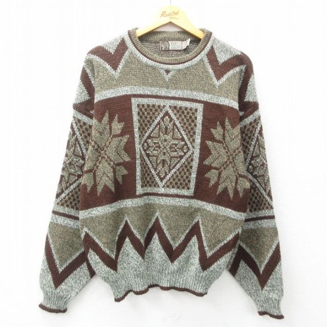 【20%OFF】L★古着 長袖 ノルディック セーター メンズ 90年代 90s 雪柄 茶他 ブラウン 25mar11 中古 ニット トップス
