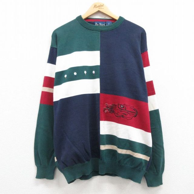 XL★古着 Par Four 長袖 セーター メンズ 80年代 80s ゴルフ 刺繍 コットン クルーネック 紺他 ネイビー 25mar11 中古 ニット トップス