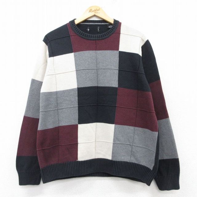 L★古着 長袖 セーター メンズ コットン クルーネック 黒他 ブラック チェック 25mar12 中古 ニット トップス