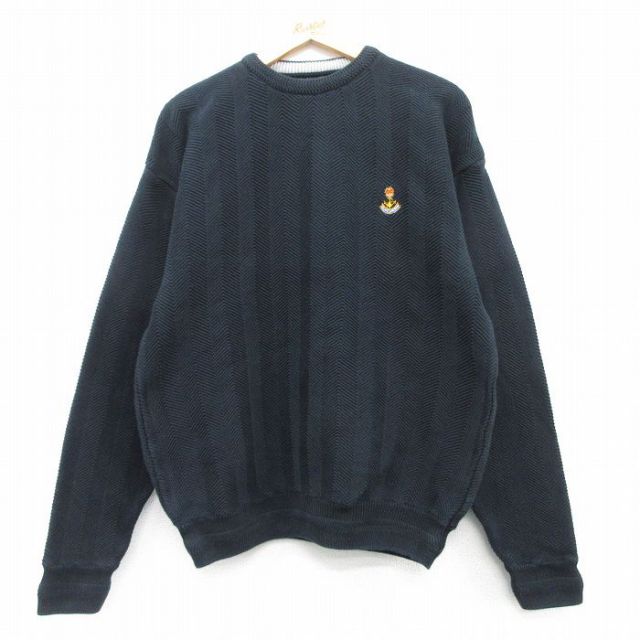 【20%OFF】L★古着 長袖 セーター メンズ ヘリンボーン コットン クルーネック 黒 ブラック 25mar12 中古 ニット トップス