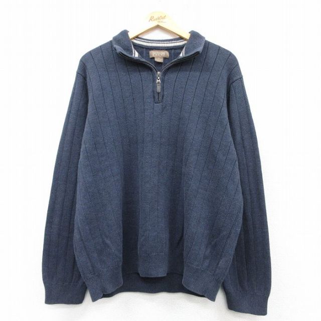 XL★古着 長袖 ハーフジップ セーター メンズ コットン 紺 ネイビー 25mar12 中古 ニット トップス