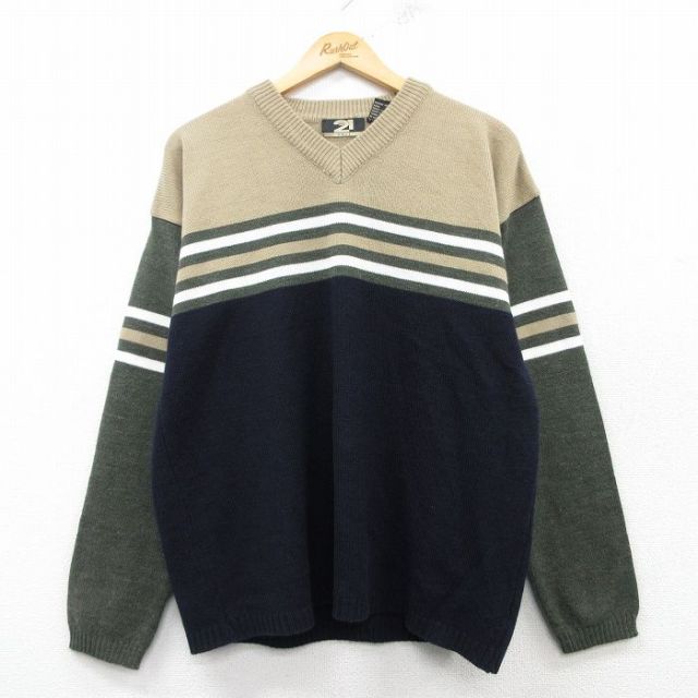 M★古着 長袖 セーター メンズ アクリル Vネック ベージュ他 カーキ 25mar12 中古 ニット トップス