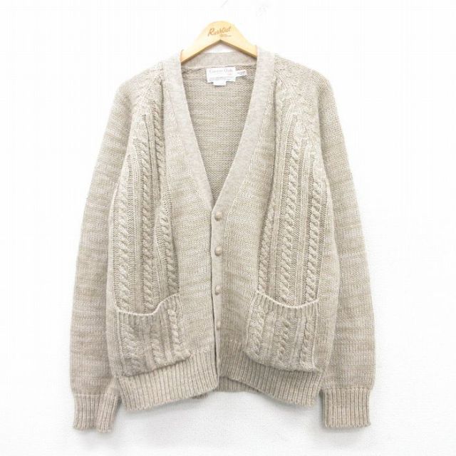 L★古着 長袖 ケーブル ニット カーディガン メンズ アクリル ベージュ系 カーキ 25mar12 中古 トップス