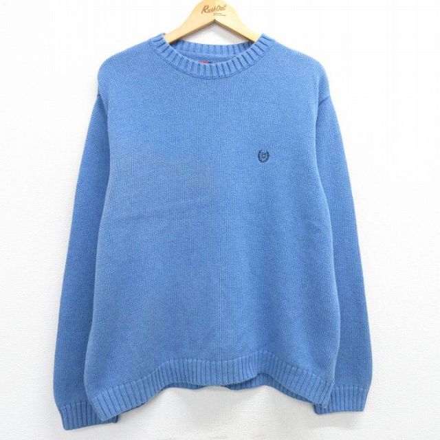 【50%OFF】XL★古着 チャップス 長袖 セーター メンズ ワンポイントロゴ コットン クルーネック 薄紺 ネイビー 25mar13 中古 ニット トップス