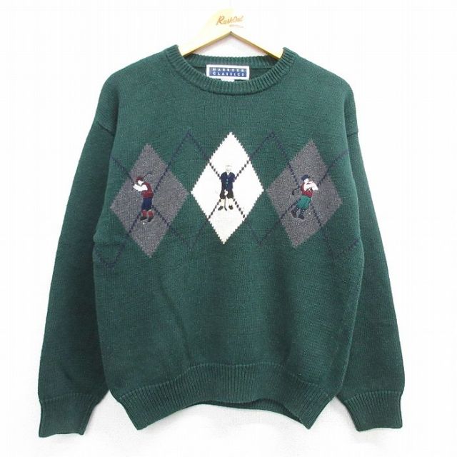 【50%OFF】L★古着 長袖 セーター メンズ 90年代 90s ゴルフ 刺繍 アーガイル クルーネック 緑他 グリーン 25mar13 中古 ニット トップス