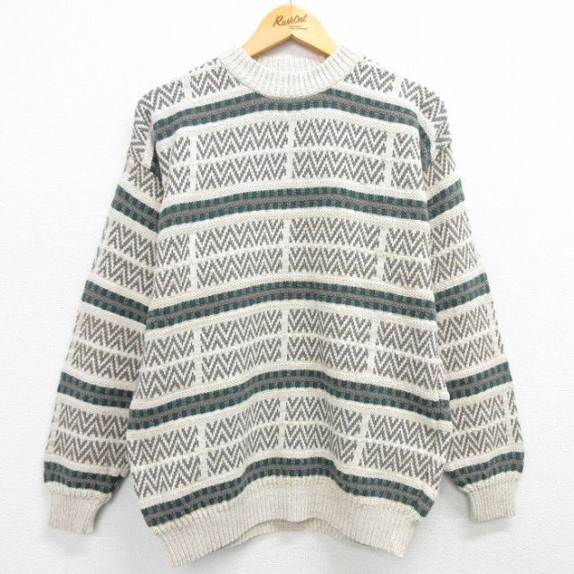 M★古着 長袖 セーター メンズ 00年代 00s クルーネック ベージュ他 カーキ 25mar13 中古 ニット トップス