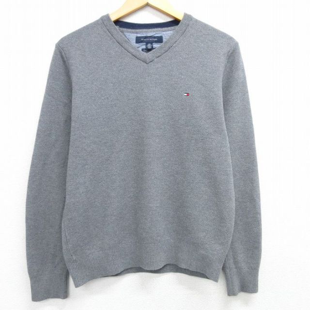 M★古着 トミーヒルフィガー TOMMY HILFIGER 長袖 ブランド セーター メンズ ワンポイントロゴ カシミア クルーネック グレー 25mar13 中古 ニット トップス