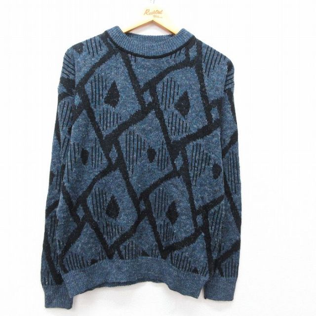 M★古着 ルティグレ 長袖 セーター メンズ 80年代 80s アクリル クルーネック USA製 薄紺他 ネイビー 25mar13 中古 ニット トップス