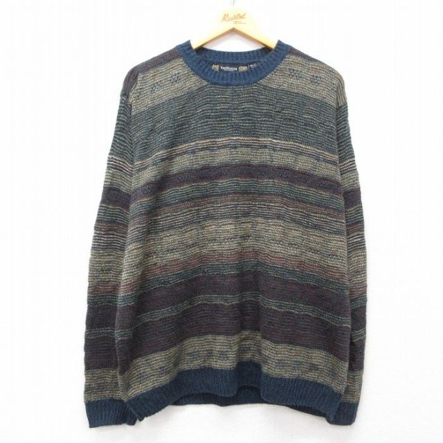 XL★古着 バンヒューセン 長袖 セーター メンズ アクリル クルーネック ベージュ系他 カーキ ボーダー 25mar13 中古 ニット トップス