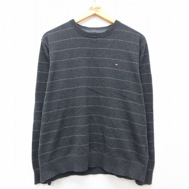 L★古着 トミーヒルフィガー TOMMY HILFIGER 長袖 ブランド セーター メンズ ワンポイントロゴ コットン クルーネック 濃グレー他 ボーダー 25mar13 中古 ニット トップス