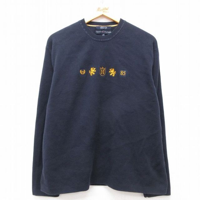 L★古着 トミーヒルフィガー TOMMY HILFIGER 長袖 ブランド セーター メンズ ビッグロゴ コットン クルーネック 紺 ネイビー 25mar13 中古 ニット トップス