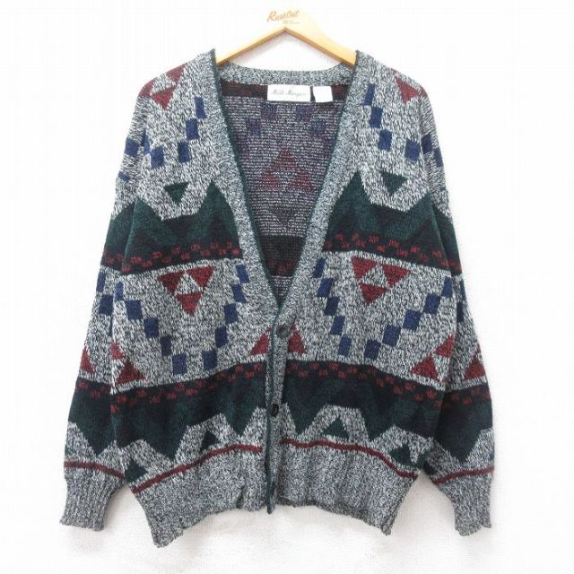 【50%OFF】L★古着 長袖 ニット カーディガン メンズ 90年代 90s アクリル グレー他 25mar13 中古 トップス
