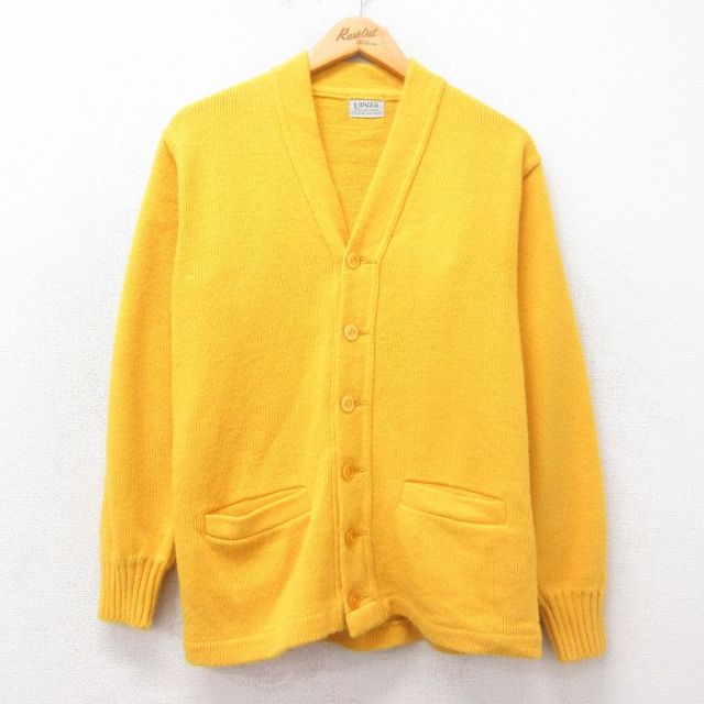 S★古着 長袖 レタード ニット カーディガン メンズ 70年代 70s 無地 アクリル 黄 イエロー 25mar13 中古 トップス