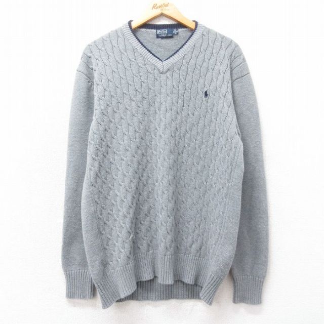 M★古着 ラルフローレン Ralph Lauren 長袖 ブランド ケーブル セーター メンズ 90年代 90s ワンポイントロゴ コットン Vネック グレー他 25mar13 中古 ニット トップス